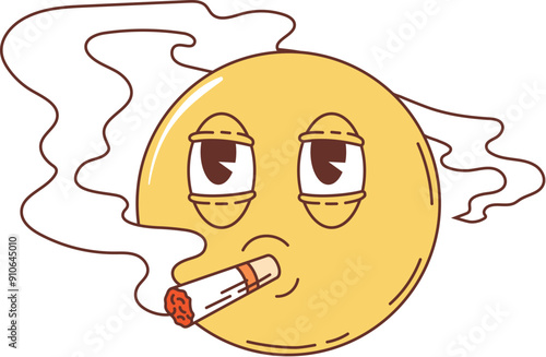 Retro groovy hippie symbols of cartoon yellow face with a relaxed expression, smoking a cigarette with smoke swirls around the face. Isolated vector relaxed character enjoying marihuana or nicotine
