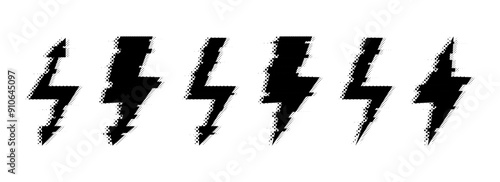 Halftone grunge lightning bolt collection. Dotted thunder bolt symbol set. Rough pixel flash thunderbolt element bundle for poster, banner, graphic design. Textured grain arrow sign pack. Vector