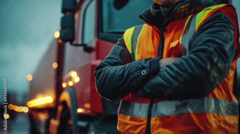 Truck Driver in High Visibility Vest Standing with Arms Crossed in Front of Red Truck at Dusk Truck Driver in High Visibility Vest Standing with Arms Crossed in Front of Red Truck at Dusk