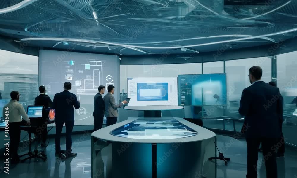 Businesspeople in futuristic conference room Businesspeople in futuristic conference room