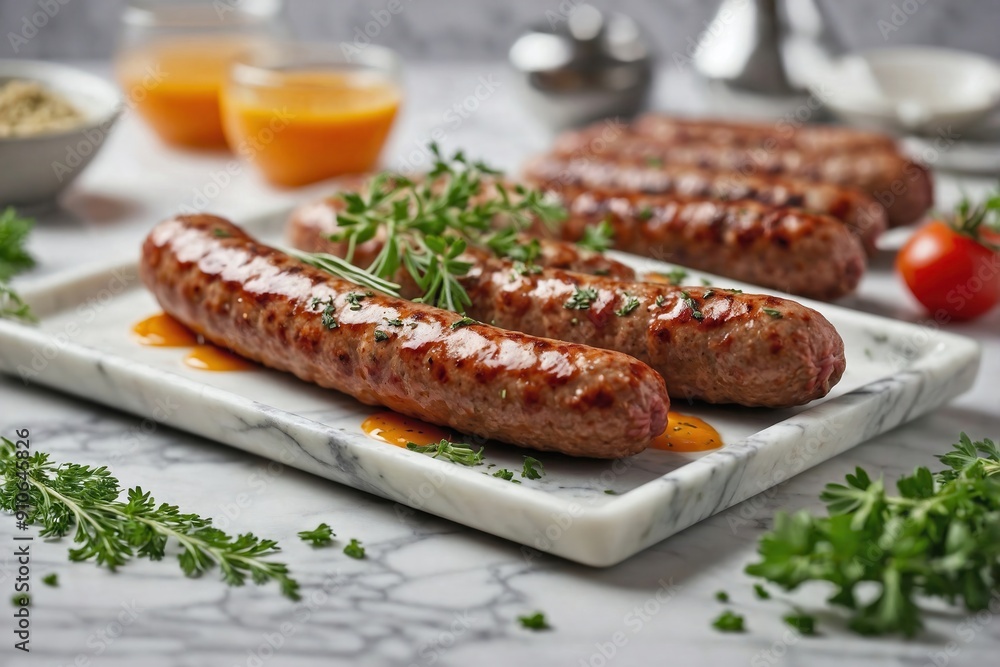 Breakfast Sausage on a Marble Surface with Herb Garnish Breakfast Sausage on a Marble Surface with Herb Garnish