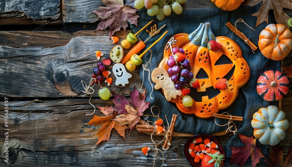 Naklejka premium Halloween Pumpkin Fruit Platter with Fall Decor