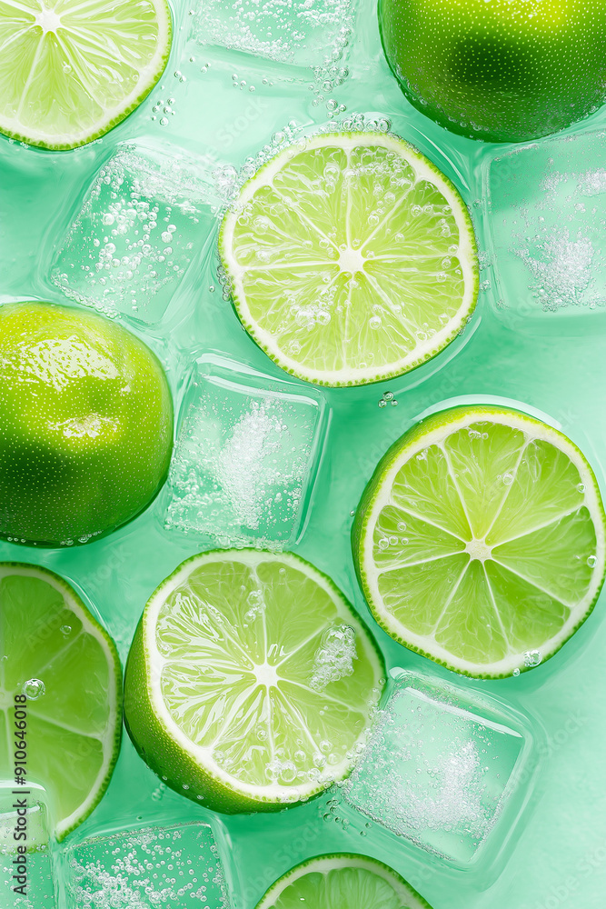 Slices of lime and ice on a blue aqua background. Slices of lime and ice on a blue aqua background.