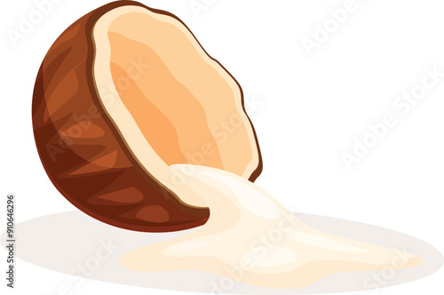 Coconut cracked open with its milk pouring out, depicting the process of extracting coconut milk