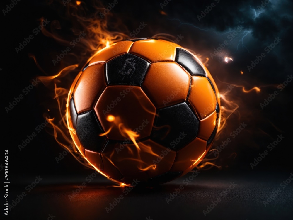 Fototapeta premium The soccer ball flies with lightning fast magical fire effect