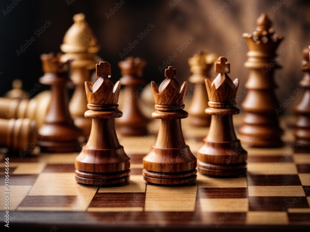 Three Wooden Chess Pieces on a Chessboard Three Wooden Chess Pieces on a Chessboard
