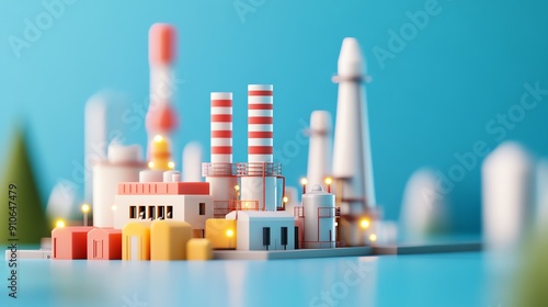 A colorful miniature industrial complex featuring factories and smokestacks against a vibrant blue background.