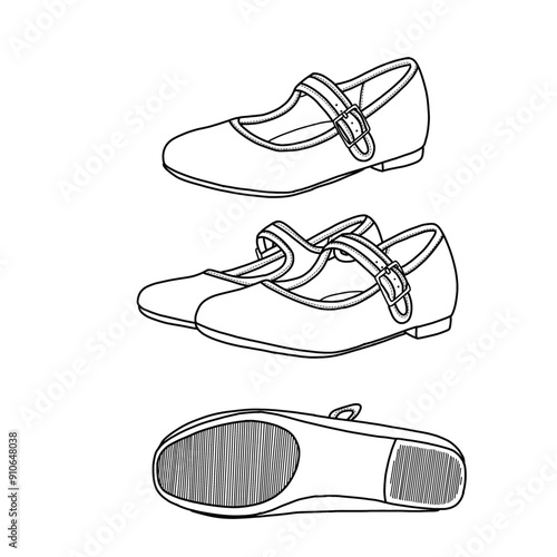 Template vector Mary Jane shoes, ankle strap flat shoes with buckle, slip-on shoes hand-drawn collection, suitable for your custom Mary Jane shoe design. Outline vector doodle illustration