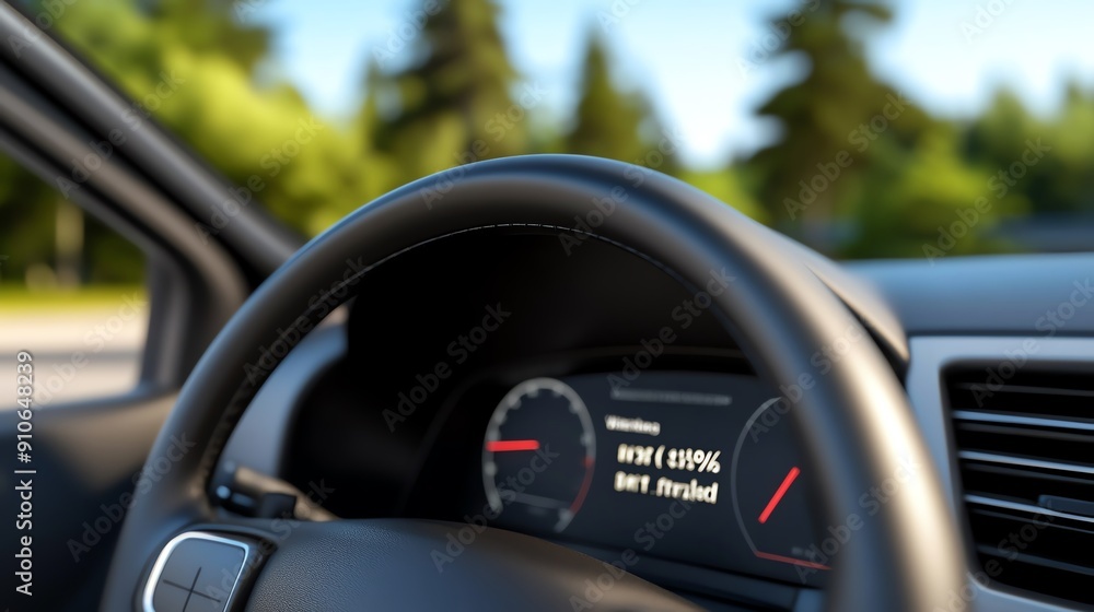 Close-up view of a modern car's dashboard, featuring the speedometer and steering wheel against a blurred natural background. Close-up view of a modern car's dashboard, featuring the speedometer and steering wheel against a blurred natural background.