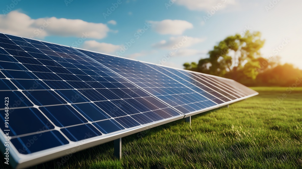 Solar panels harness sunlight for renewable energy on a lush green field under a bright blue sky. Solar panels harness sunlight for renewable energy on a lush green field under a bright blue sky.