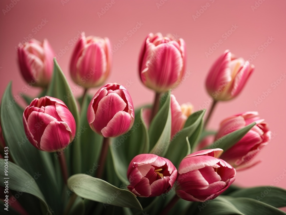 Tulip buds and leaves against pink background Tulip buds and leaves against pink background