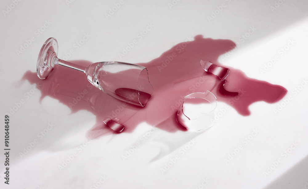 Fotografie Broken glass with spilled wine on a light background