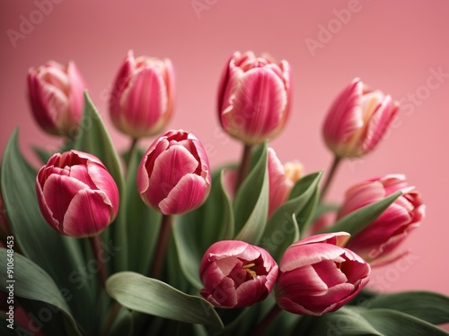 Wallpaper Mural Tulip buds and leaves against pink background Torontodigital.ca