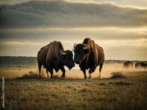 Two buffalo fighting in a field