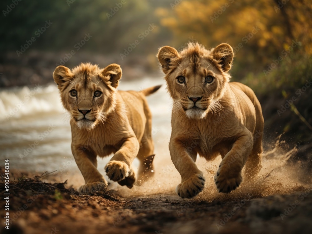 Fototapeta premium Two small baby lions running at full speed near river