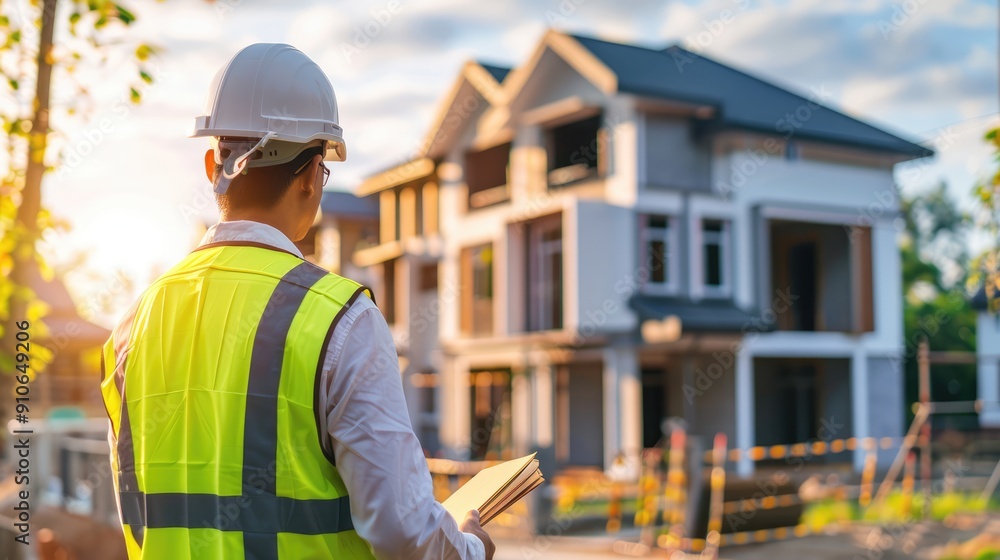 Construction Worker in Safety Vest Looking at a New House Construction Worker in Safety Vest Looking at a New House