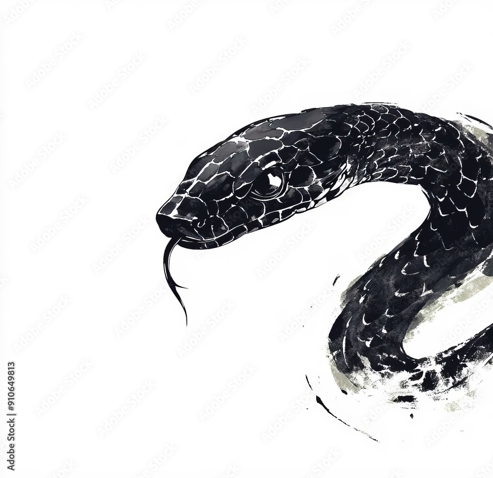 Naklejka premium A black snake painted in ink, with the illustration on a white background