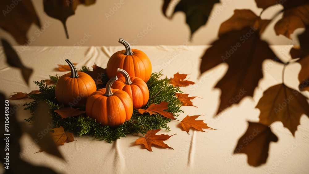 pumpkins and autumn leaves on the table pumpkins and autumn leaves on the table