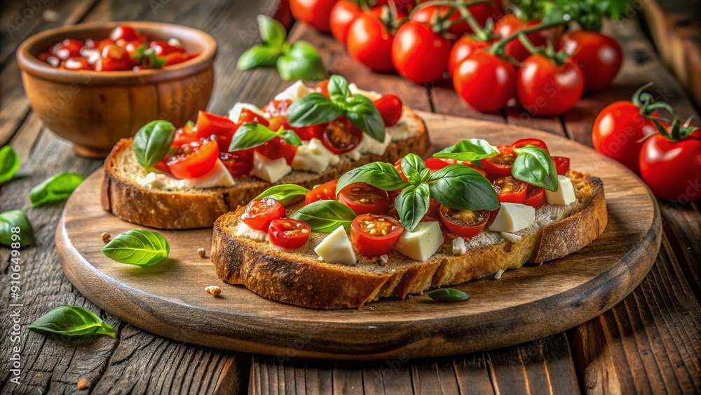 Freshly toasted rustic bread topped with diced vine-ripened tomatoes, fragrant basil leaves, and melted mozzarella cheese, served on a wooden platter against a rustic backdrop. Freshly toasted rustic bread topped with diced vine-ripened tomatoes, fragrant basil leaves, and melted mozzarella cheese, served on a wooden platter against a rustic backdrop.