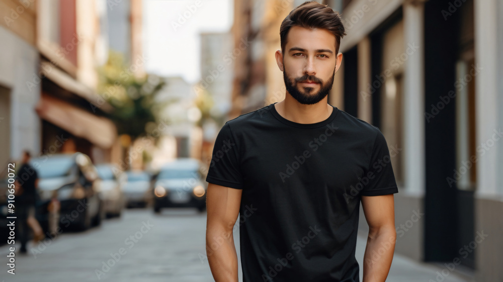 man wears black t-shirt, walking on the street out of focus, space for text man wears black t-shirt, walking on the street out of focus, space for text