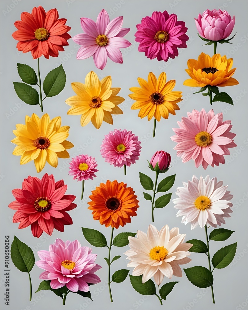 Collection of vibrant, colorful flowers with green leaves. Collection of vibrant, colorful flowers with green leaves.