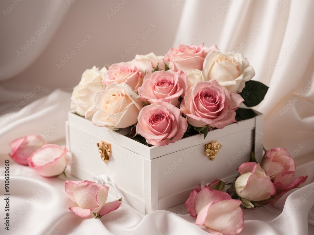 White and pink roses in an open box White and pink roses in an open box