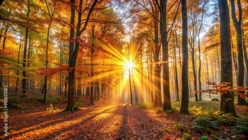 Autumn forest sunset scene with sun rays peeking through trees , autumn, forest, sunset, sun rays, trees, foliage, golden hour