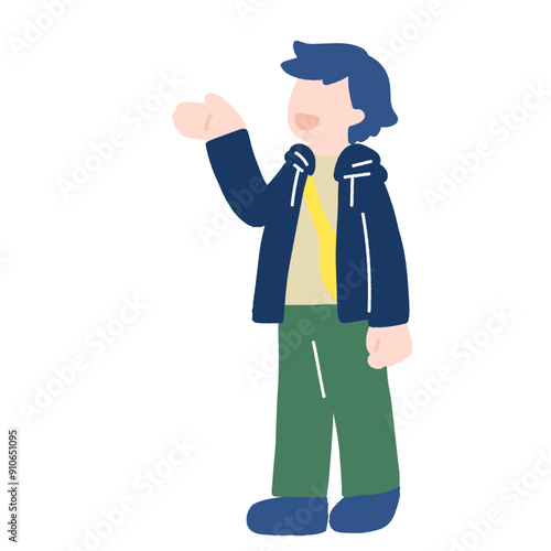 手のひらを上に向けて立つ男性のフラットなイラスト