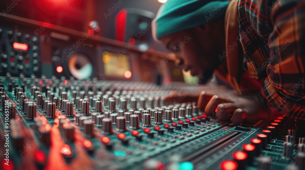 Studio Music Producer Adjusting Faders for Perfect Sound Mix Studio Music Producer Adjusting Faders for Perfect Sound Mix