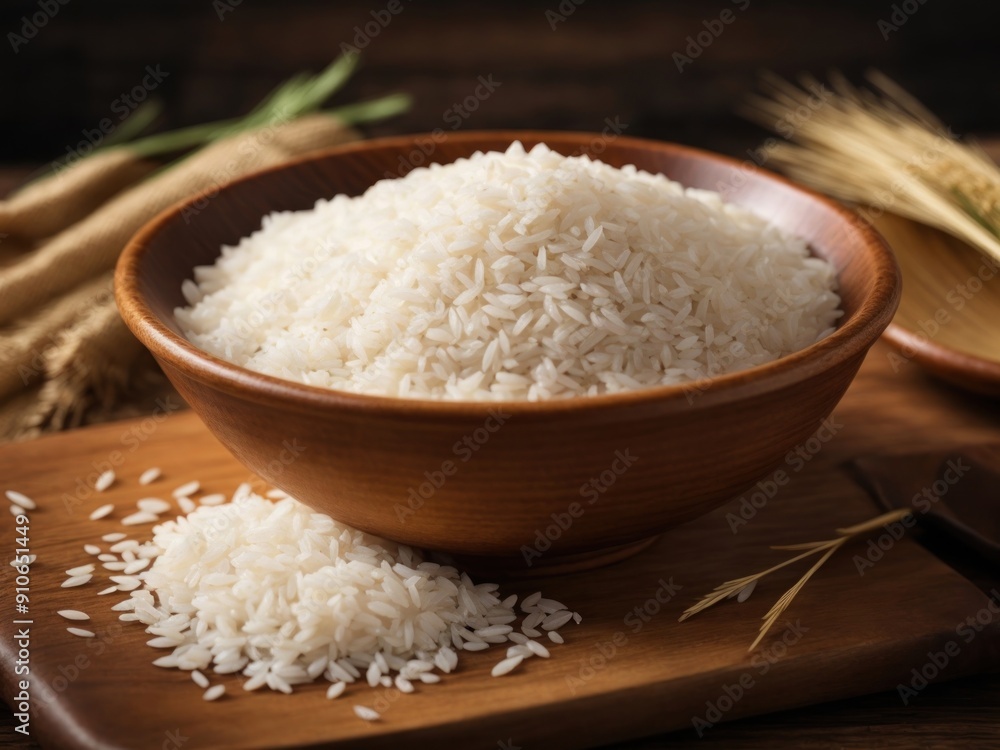 White round rice in bowl on a wooden background White round rice in bowl on a wooden background