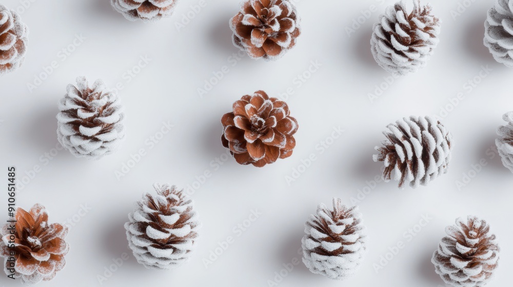 Frosted pine cones are artistically arranged on a white background, enhancing winter-themed decor. Frosted pine cones are artistically arranged on a white background, enhancing winter-themed decor.