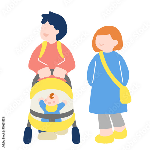 散歩中に上を見上げる赤ちゃん連れ夫婦のフラットなイラスト