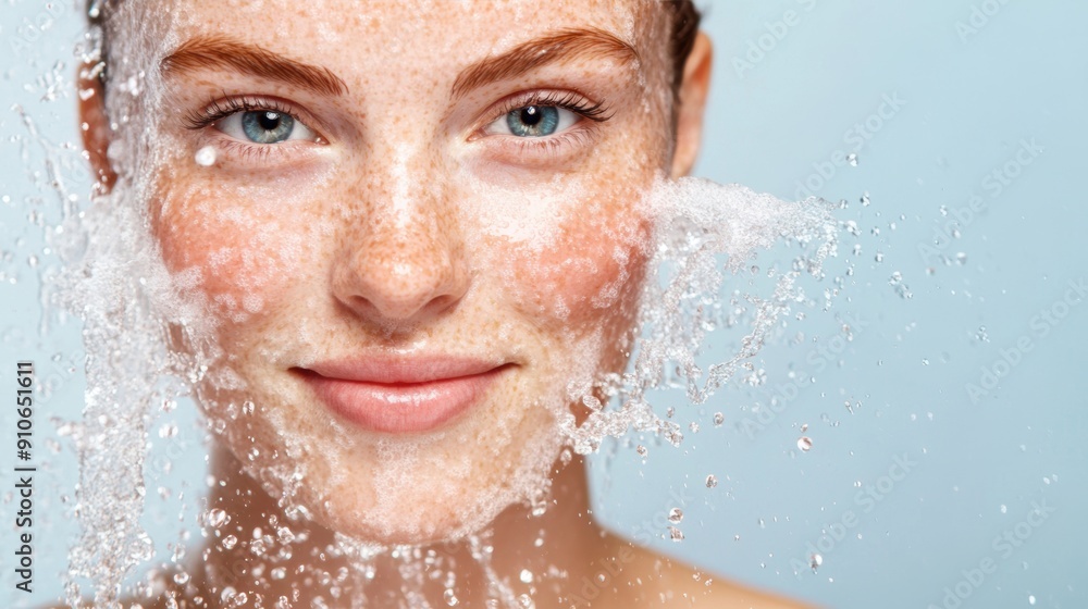 A joyful woman with freckles experiences a fresh splash of water, enhancing her natural beauty. A joyful woman with freckles experiences a fresh splash of water, enhancing her natural beauty.