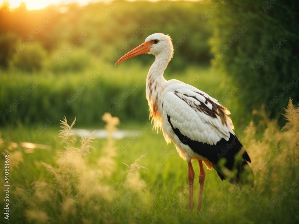Fototapeta premium White Stork Standing In Green Summer Grass Wild Field