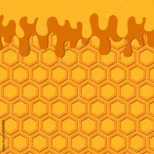 Dripping honey background with honeycomb. Vector illustration