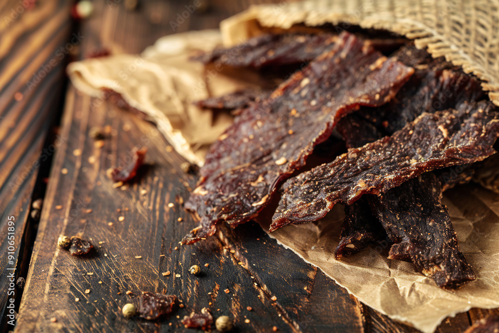 Peppered Beef Jerky Slices on Rustic Wood Background: Gourmet Protein Snack and Dried Meat Delicacy for Savory Treats and High-Protein Diets Peppered Beef Jerky Slices on Rustic Wood Background: Gourmet Protein Snack and Dried Meat Delicacy for Savory Treats and High-Protein Diets