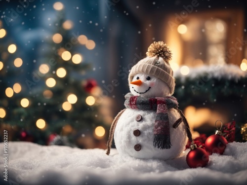 Winter Christmas background Merry Christmas and happy snowman