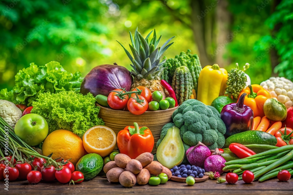 Vibrant fruits and crisp vegetables arranged on a lush green background, promoting veganism, vegetarianism, and healthy eating habits with a focus on clean and nutritious meals. Vibrant fruits and crisp vegetables arranged on a lush green background, promoting veganism, vegetarianism, and healthy eating habits with a focus on clean and nutritious meals.