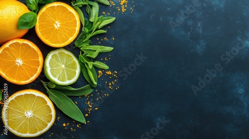 A vibrant arrangement of fresh herbs and citrus fruits contrasts beautifully against a dark background. photo