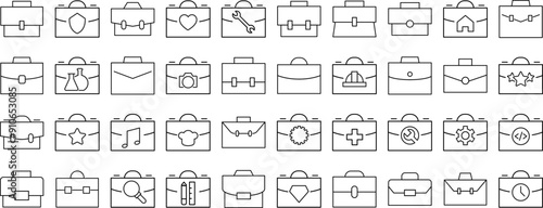 Collection of icons of portfolio, briefcase and suitcase for business for Advertisement. Suitable for books, stores, shops. Editable stroke in minimalistic outline style. Symbol for design