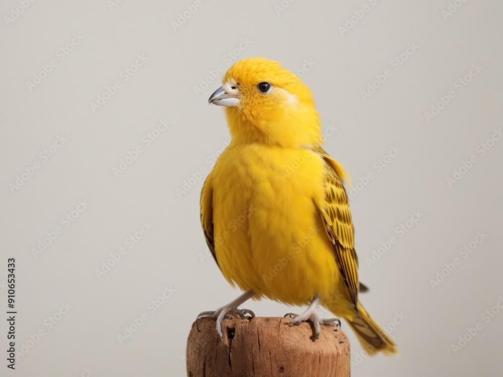 Yellow canary Serinus canaria on its perch in front of white Yellow canary Serinus canaria on its perch in front of white