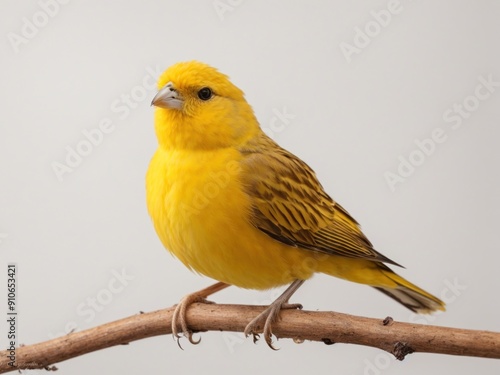 Yellow canary Serinus canaria on its perch in front of white