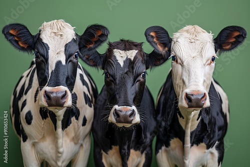 Three Holstein Cows Against Green Background