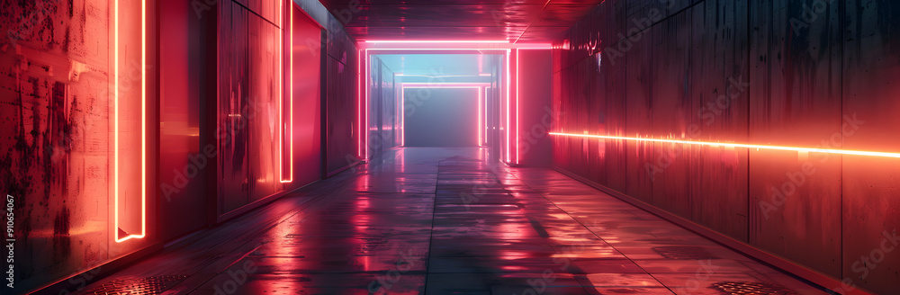 Red Neon Lights Illuminate a Modern Concrete Corridor Red Neon Lights Illuminate a Modern Concrete Corridor