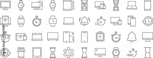 Collection of Icons of timer, clock, computer, phone, smartwatch for Shops and Stores. Suitable for books, stores, shops. Editable stroke in minimalistic outline style. Symbol for design