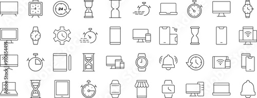 Line Signs of timer, clock, computer, phone, smartwatch for Advertisement. Suitable for books, stores, shops. Editable stroke in minimalistic outline style. Symbol for design