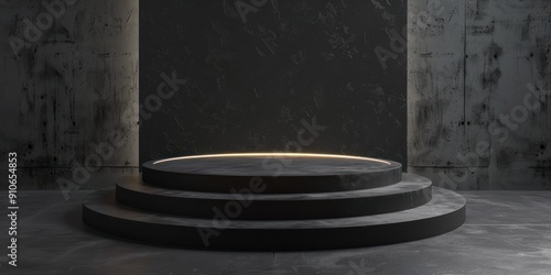 The stage platform for displaying products is circular, black, looks premium, has realistic lighting, and a clean backdrop.