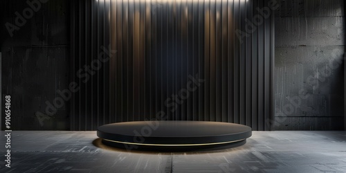 The stage platform for displaying products is circular, black, looks premium, has realistic lighting, and a clean backdrop.