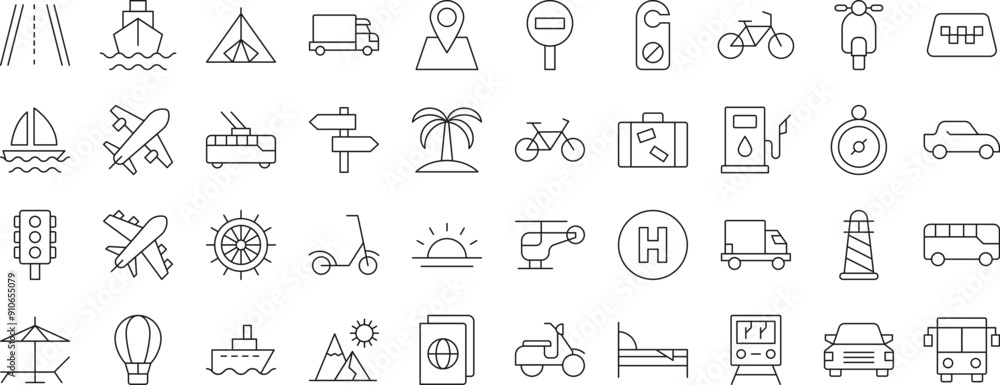 Naklejka premium Collection of Line Icons of transport, travel, trip, vacation for Adverts. Suitable for books, stores, shops. Editable stroke in minimalistic outline style. Symbol for design