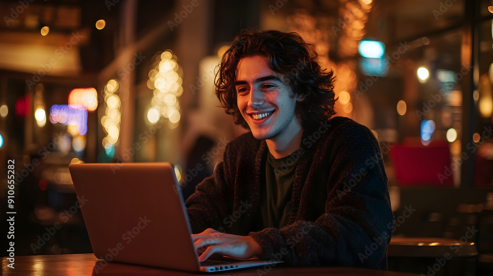 Young Man Smiling While Working on Laptop in Cozy Cafe Lighting Young Man Smiling While Working on Laptop in Cozy Cafe Lighting
